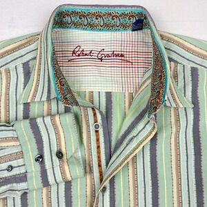 Robert Graham Mens XL Long Sleeve Striped Button Down Shirt Green Paisley Trim